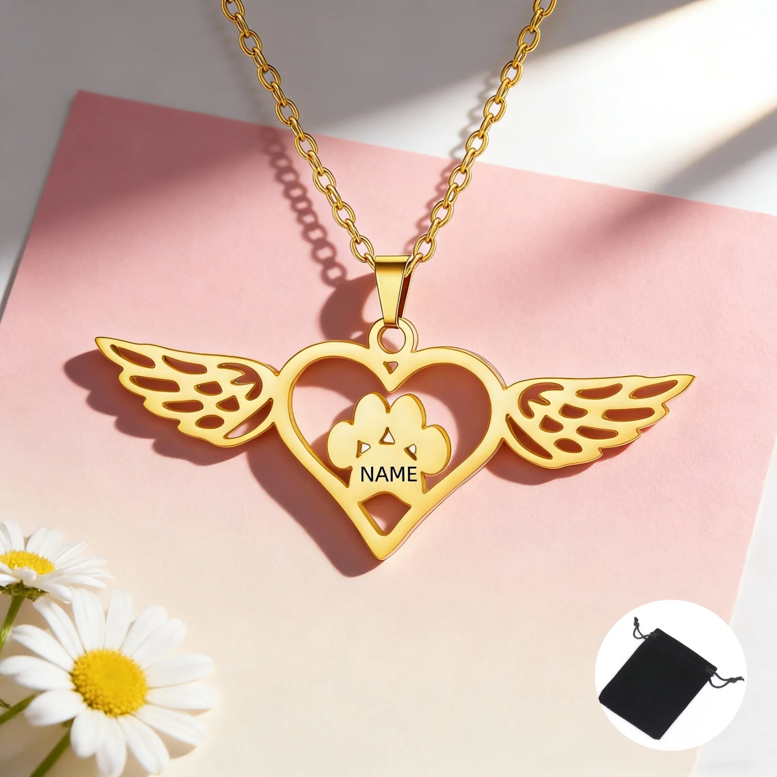 Personalisierte Name Hund Klaue Liebe Engel Flügel Halskette Edelstahl personalisierte Hund Katze Klaue Fußabdruck Flügel Schmuck Geschenk
