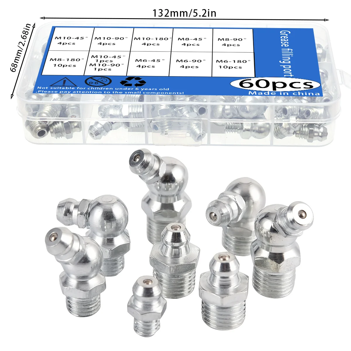طقم حلمات شحم مجلفن مكون من 60 قطعة - حلمة شحم M6/M8/M10 45 ° /90 ° /180 °   للآلات الصناعية للسيارات والتصنيع