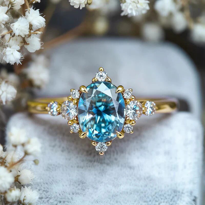 Huitan Noble Fancy Damenring, goldfarben/silberfarben, Hochzeit, Verlobung, Accessoires, eingelegt mit glänzendem blauen CZ, trendiges Schmuckgeschenk