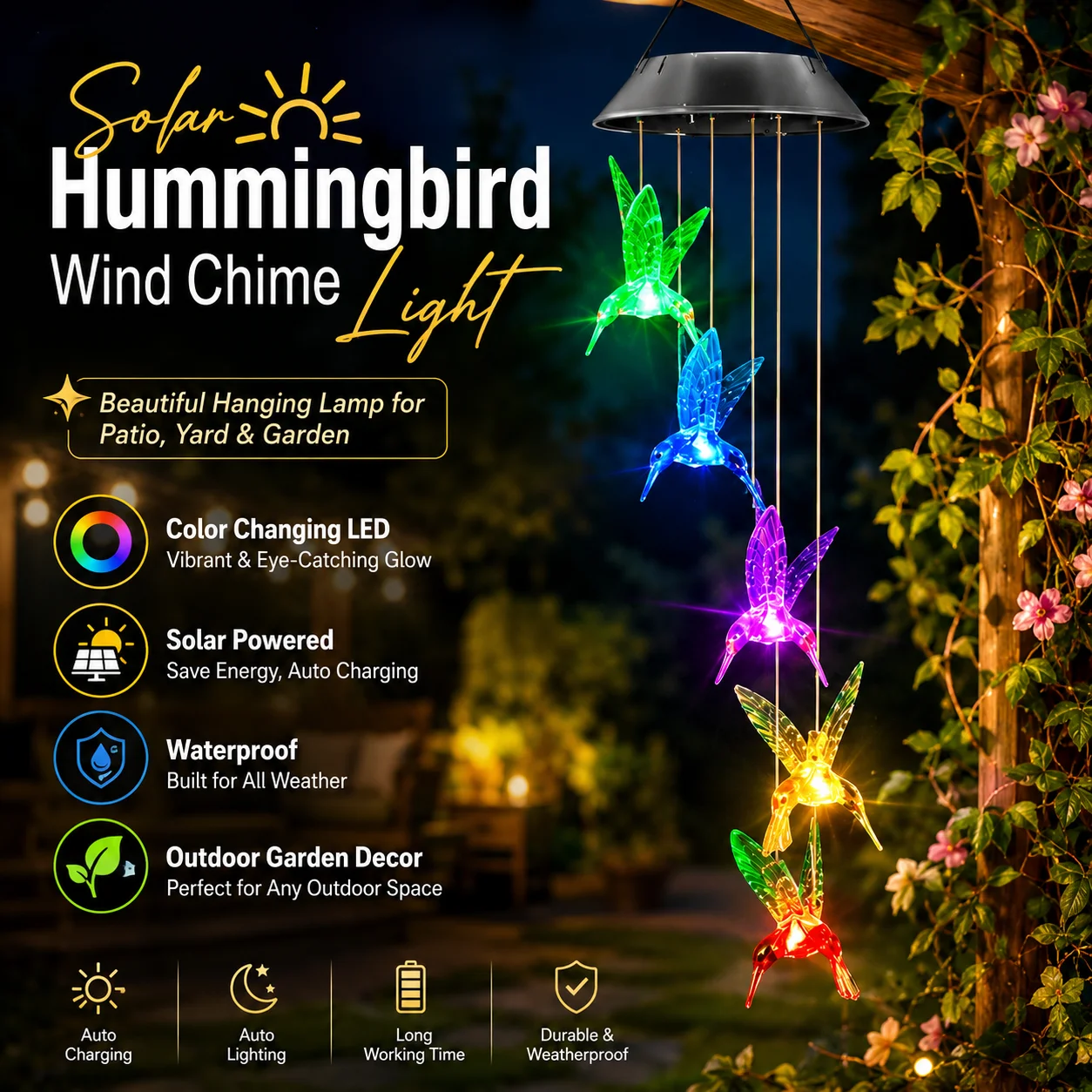 Solar Wind Chime Light Color Changing LED Hummingbird Butterfly Dragonfly Outdoor Waterproof Garden Decor Gift