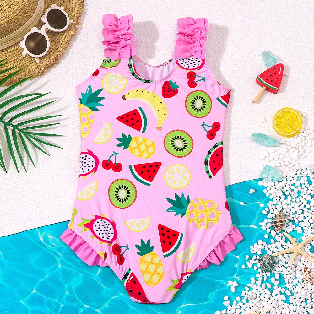 Girls One Piece Swimsuits Fruit Print Bathing Suit Summer Beach Water Sport Ruffles Swimwear Surfing Swimming Costume