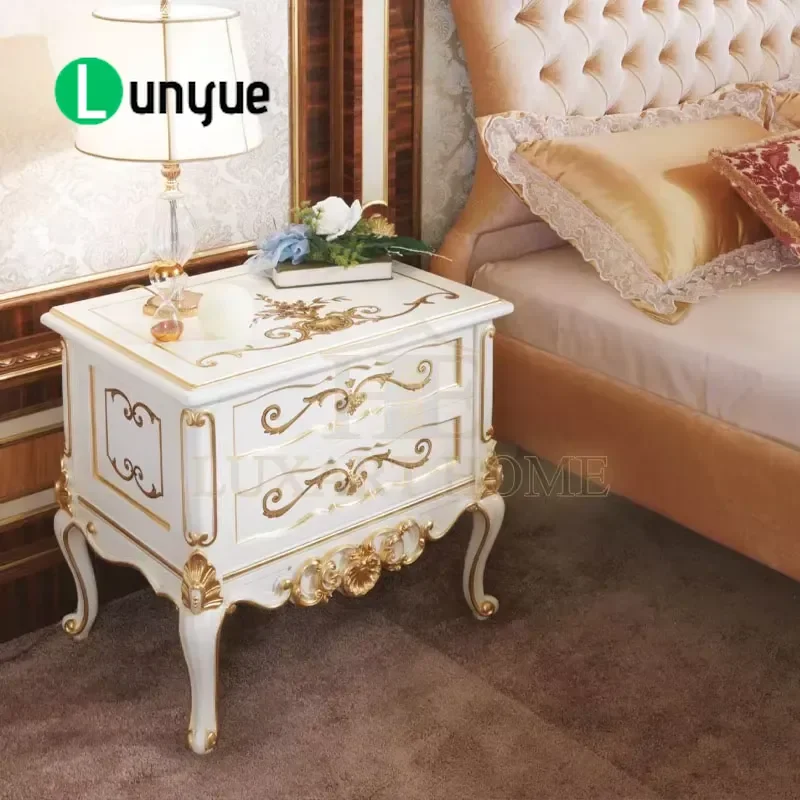 European Light Luxury Solid Wood King Bed Personalized Carved Base Gold Foil Painted Frame Elegant Bedroom Furniture