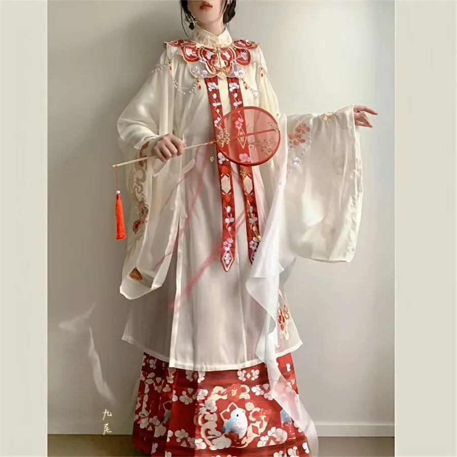 

Ming Dynasty Hanfu Horse-face Skirt For Women Red Top With Pipa-shaped Large Sleeves Blue Ancient Chinese Hanfu Traditional Set