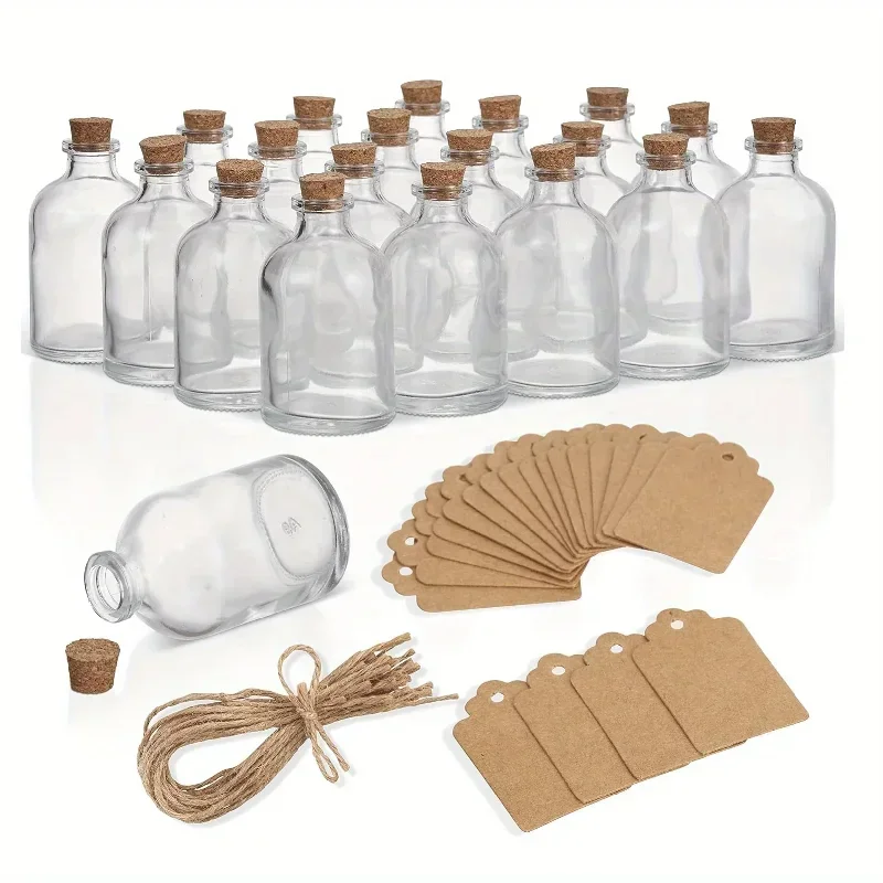 Mini Glass Bottles with Cork Stoppers, Small Wish Bottles with Personalized Labels and Hanging Strings, DIY Craft Glass Vials