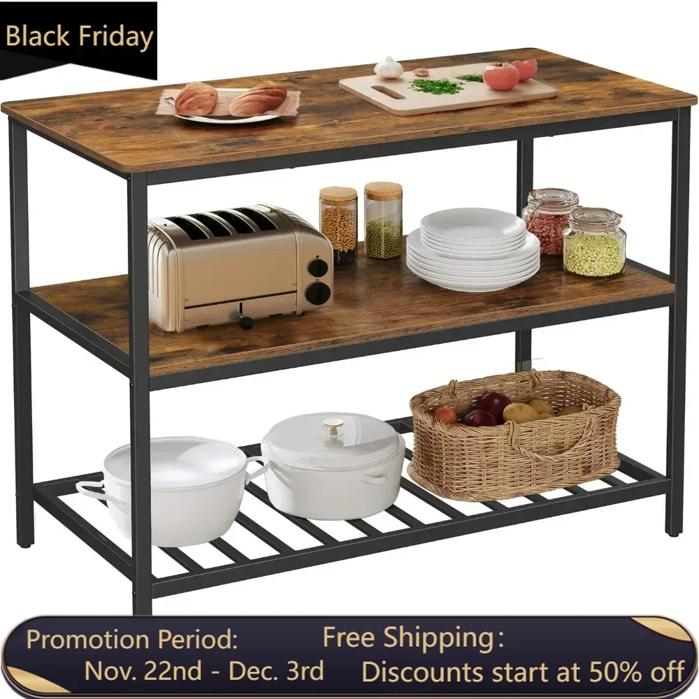 Equipped with 3 shelves, 47.2-inch wide kitchen shelf, large countertop, stable steel structure, industrial, easy to assemble