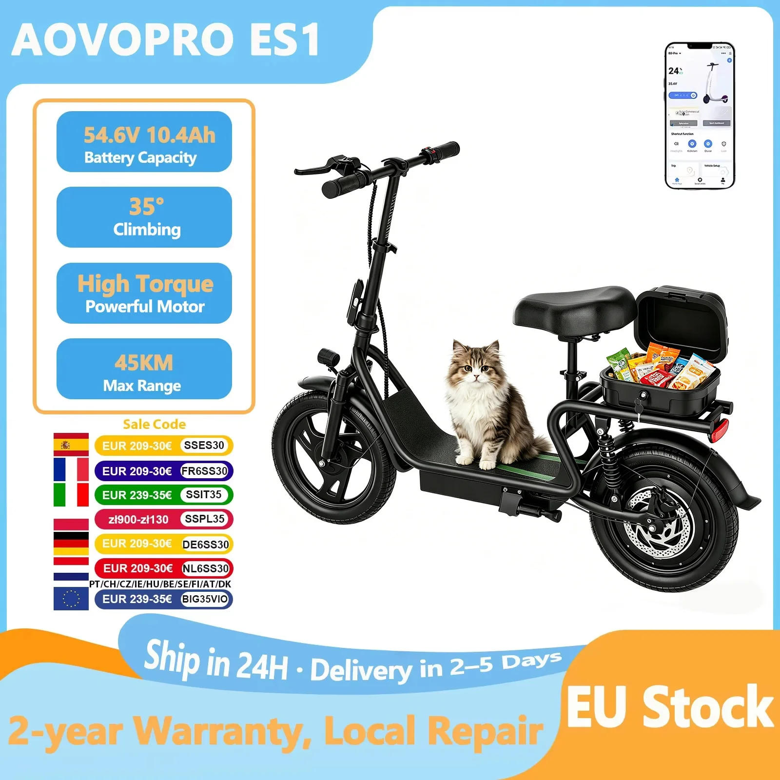 AOVOPRO ES1PLUS: monopattino elettrico con sedile per adulti, batteria da 54,6 V e 22,5 Ah, autonomia di 100 km, pneumatici da 14 pollici, bicicletta elettrica con controllo tramite app, ampio vano