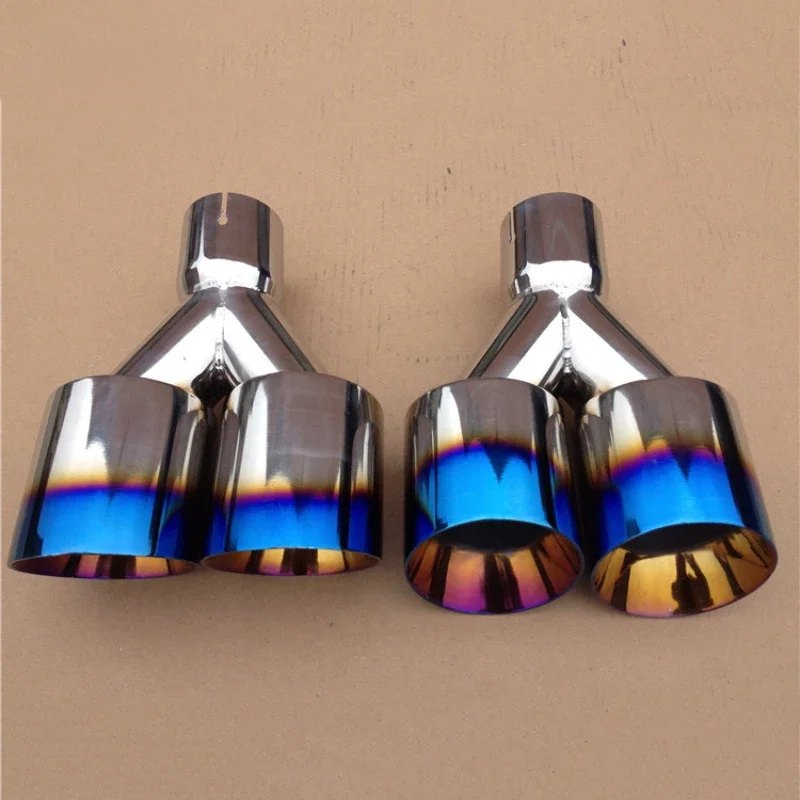 

New Super Quality Stainless Steel 1 to 2 Dual Pipe Exhaust System Silver Blue Muffler Universal Car Automobile Tip Pipes