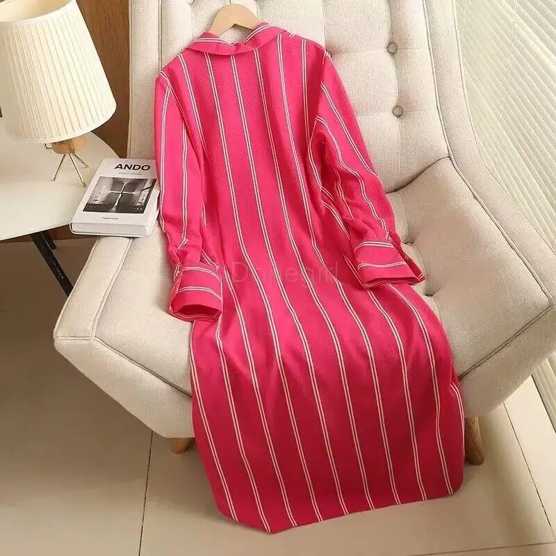 Donegirl 2023New Fashion Women Spring Long Sleeve Vertical Stripe Printed Shirt Dresses Loose Simple Casual Slit Long Dress Chic