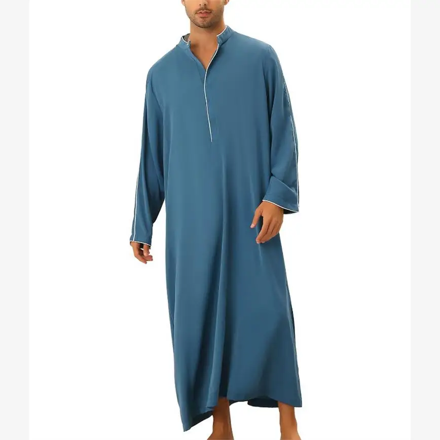 Casual Long Robe irt for Men Simple Design Arab Sle Polyester Blend Fiber Thin Sve Long Stand Collar Color