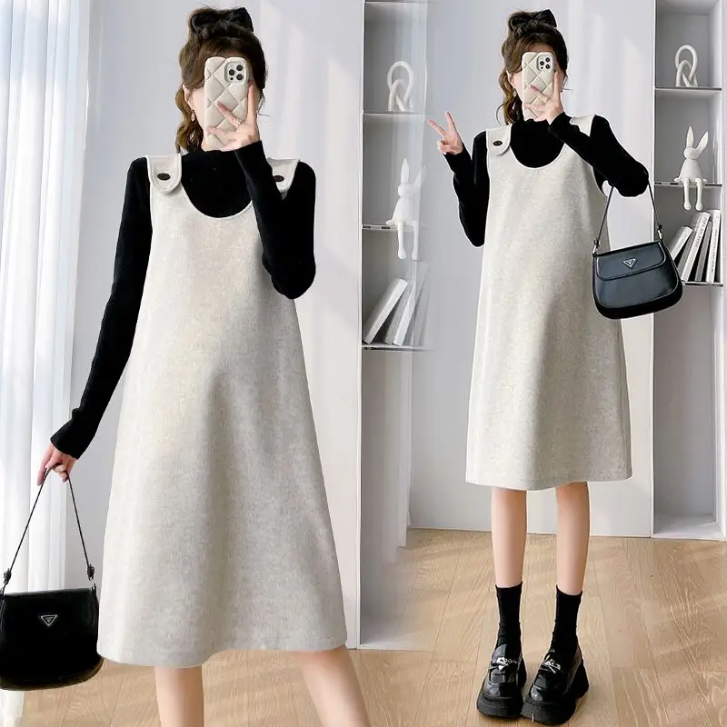 Autumn Winter New Maternity Mid-length Late Pregnancy Tweed Strappy Dress Temperament Fashion Loose Tweed Undershirt Skirt