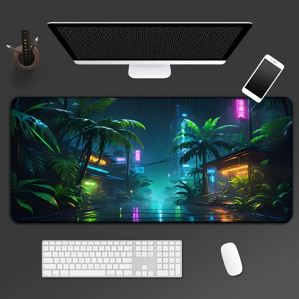 

Neon jungle night scene mouse pad, large expansion computer game accessory, high-quality table pad, rubber anti-slip