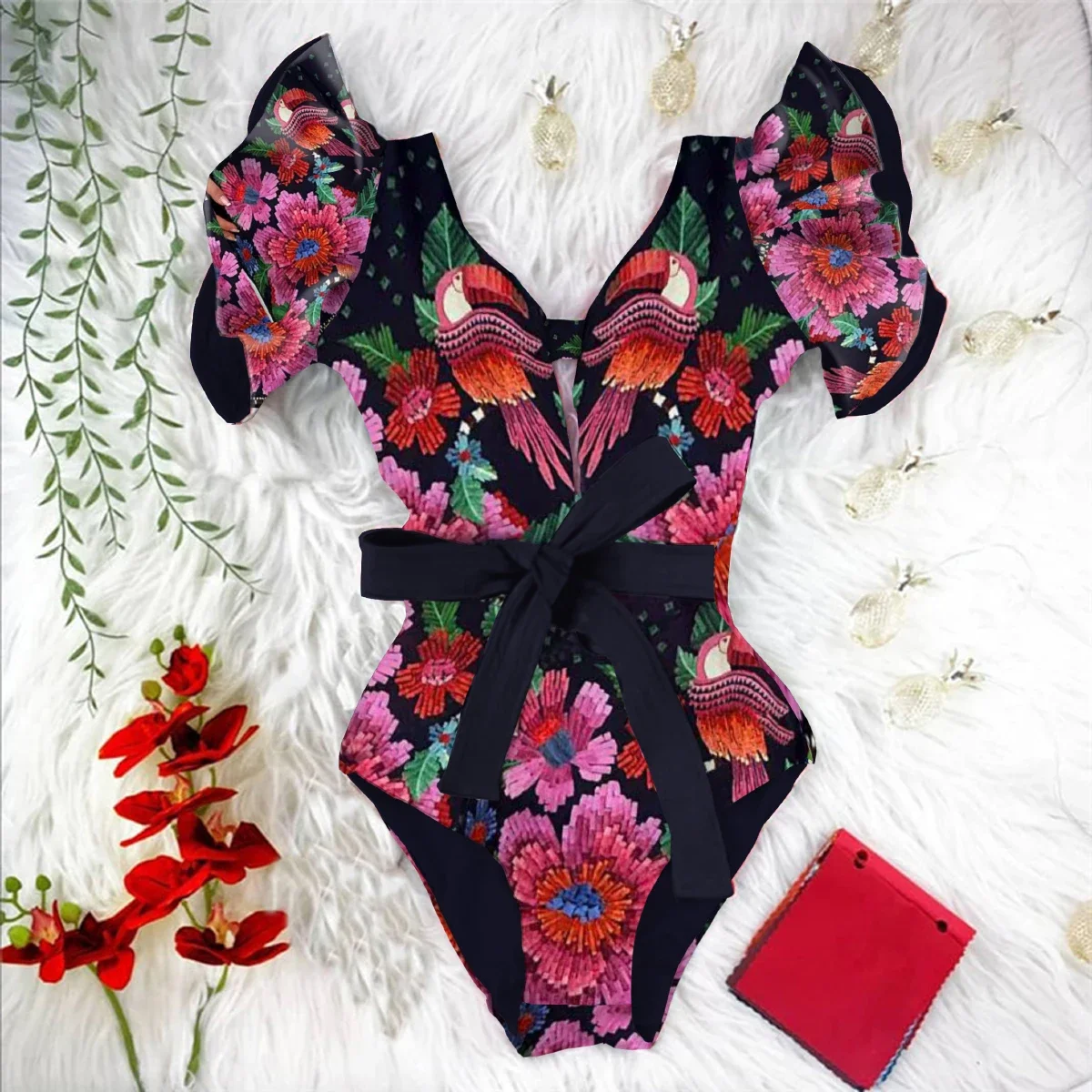 

2025 New Sexy Ruffle Print Floral One Piece Strappy With Belt Swimwear Women Swimsuit Bathing Suit Backless Beachwear Monkini