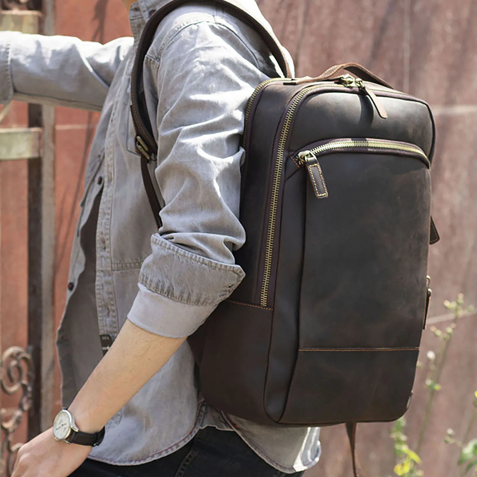 S.WORKER Vintage Echtleder Herrenrucksack 16" Laptop-Tasche Lässige Crazy-Horse-Leder Schultasche Handgefertigte Taschen für Männer – Detail 4