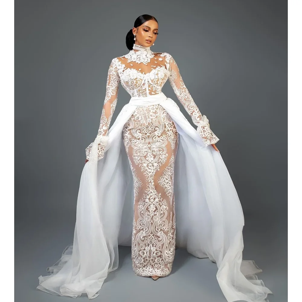 

High-end High Collar Long Sleeves Appliques Wedding Dress Fashion Floor Length Sheath Gowns with Detachable Train Bride Dresses