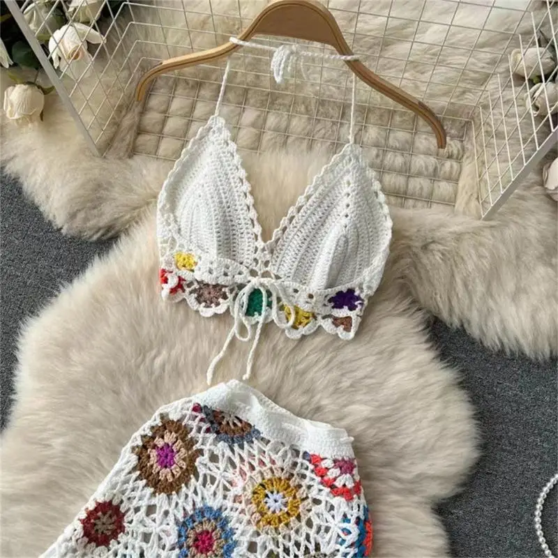 N7YF Mujeres boho crochet bikinis bikinis set falda borde