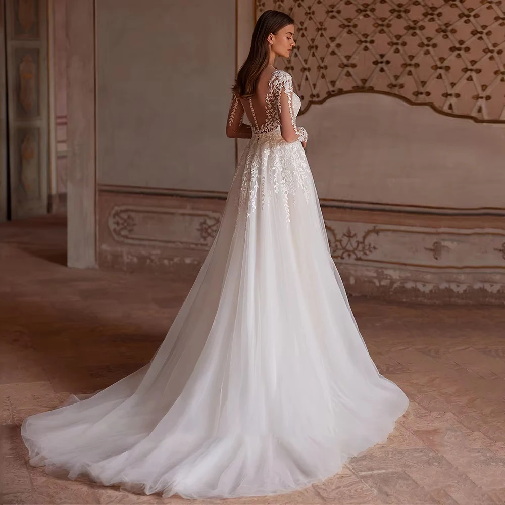 Wedding Dresses for Bride V Neck Long Sleeves Sequined Lace Appliques Sweep Train Bridal Gown Robe Mariee 2026 New