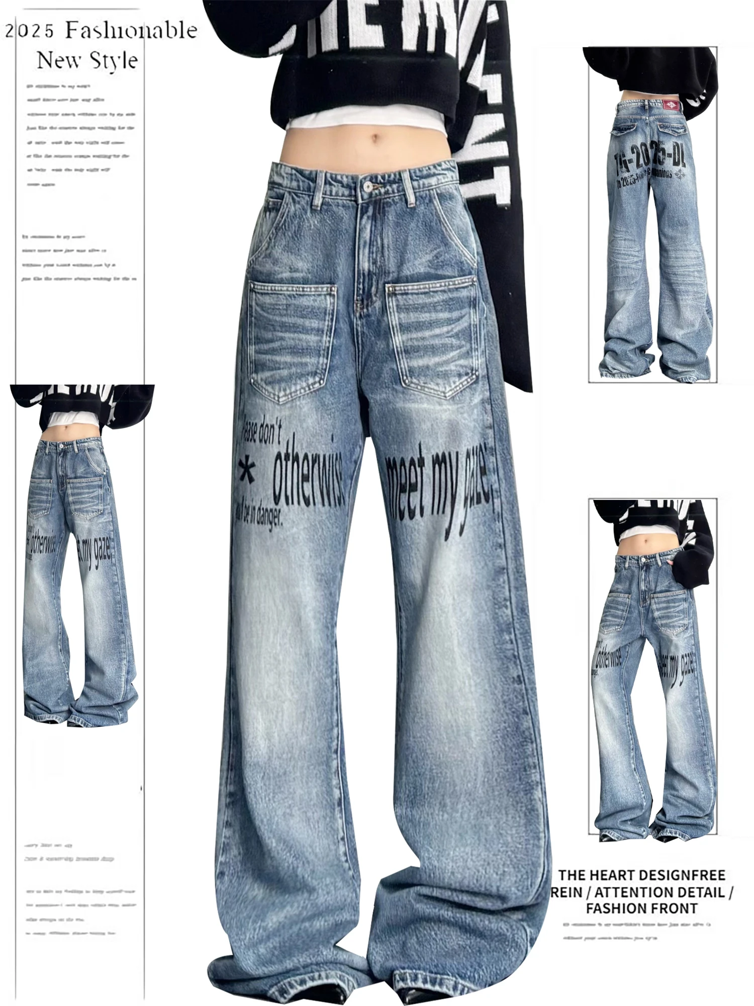 

Y2K Women's High Waist Wide Leg Light Blue Washed Jeans Letter Print Multi Pocket Vintage Streetwear Fashion Denim Trousers