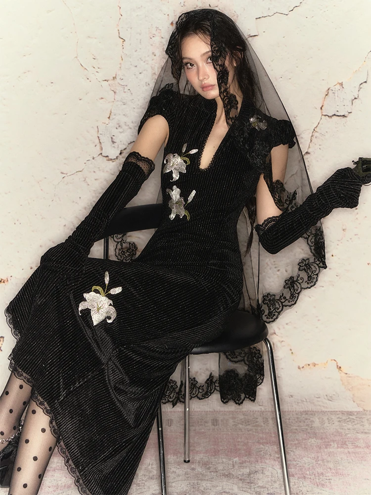 

TaoYuan Bla Бархатное длинное платье с серебряным воротником-каплями и полосатым узором в стиле ретро, китайское платье для свиданий