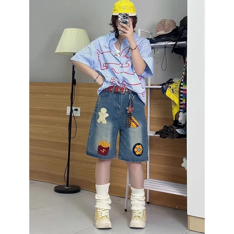 

Высокая талия, свободный крой, тонкое дизайнерское полотенце, джинсовые орты с вышивкой, женские летние синие хлопковые эластичные джинсы с высокой талией