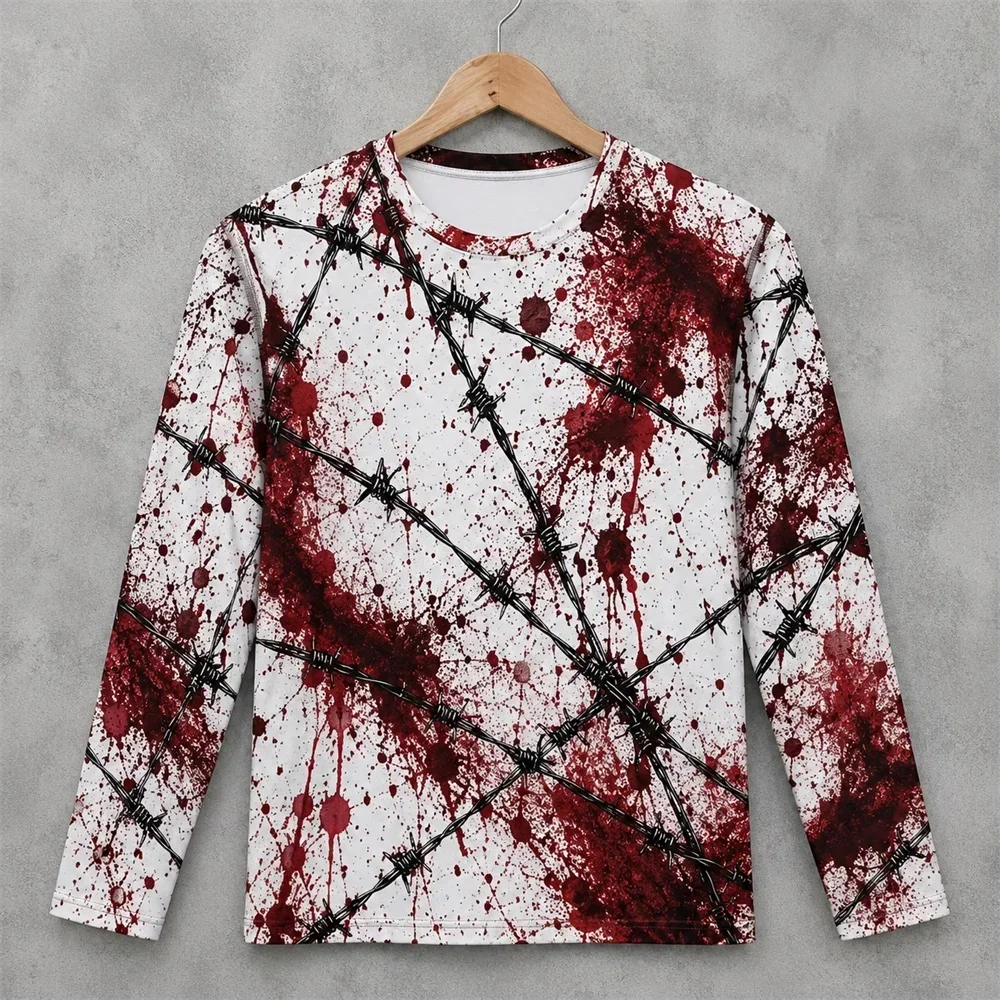 Autumn and winter 3D printing horror red bloodstain pattern, men's Halloween long sleeved retro Halloween party personality