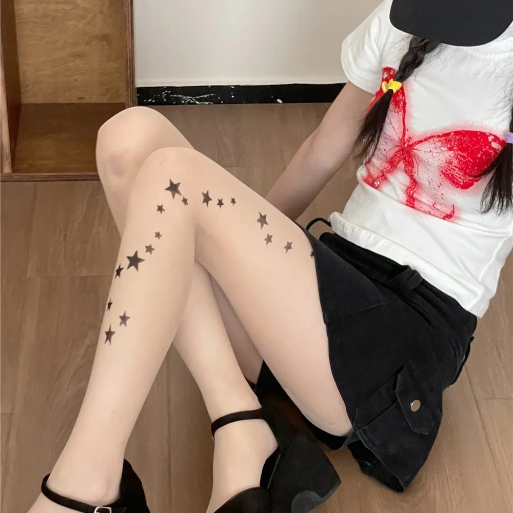 Y2K Star Printed Silk Stockings Japanese Kawaii Cat Tattood Print Pantyhose Lolita JK Tights Gothic Cosplay Party Tights Socks