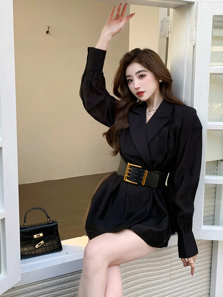 Woherb Temperament Robe Femme Turn Down Collar Belt Woman Dress Slim Waist A-line Vintage Vestido 2024 Korean Chic Solid Dresses