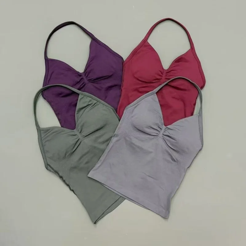 Women Gym Workout Tank Top Halter Neck With Built-in Shelf Bra V Neck Seamless Slim Fit Longline Yoga Top For Running Fitness image 3