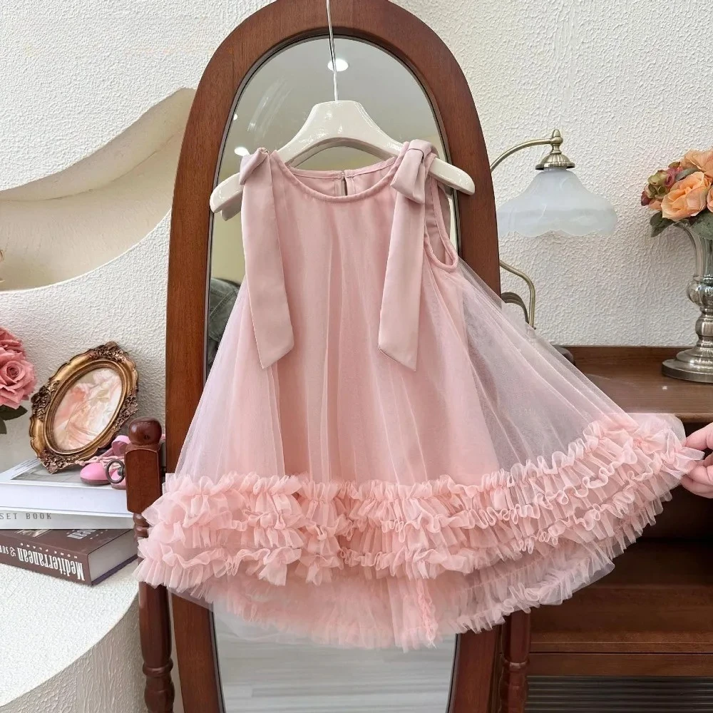 Sommer Neue Rosa Süße und Niedliche Ärmellose Prinzessin Mädchen Kleider Mesh Bogen Kinder Kostüme Kleinkind Kleid 3 bis 7 Jahre alt Tragen