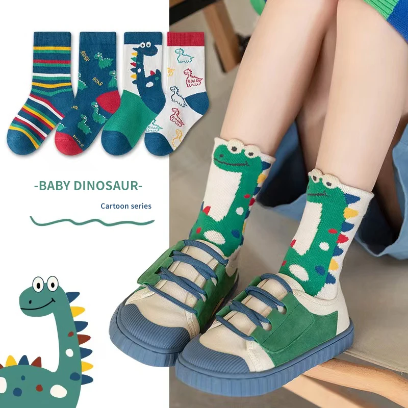

5 Pairs Blue Dinosaur Striped Cotton Vitality Cute Lovely Kids Sock Sports Comfortable Soft Breathable Children's Socks For Boy
