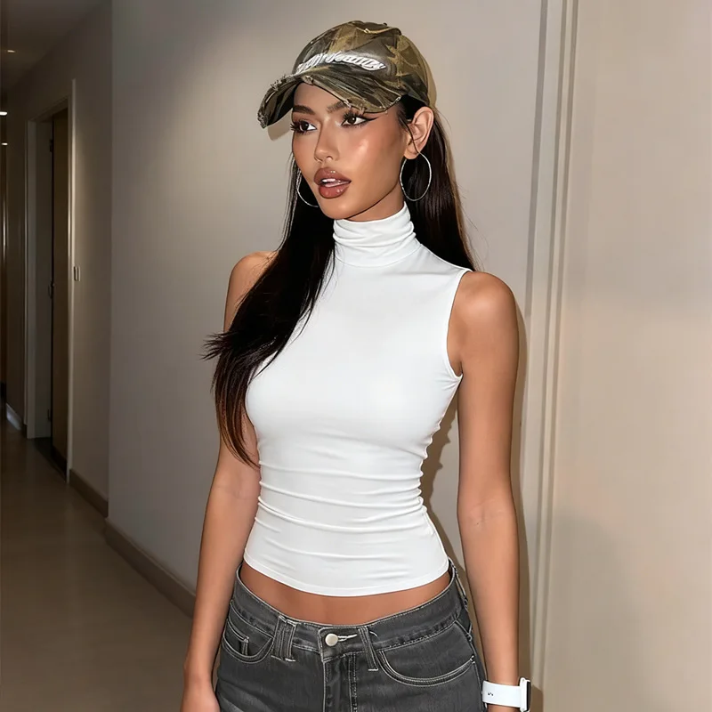 DSMTRC Fashion High Strecth Slim Summer Ins Style Sleeveless High Neck Crop Tops Personalized Solid Color Backless Tank T-shirts