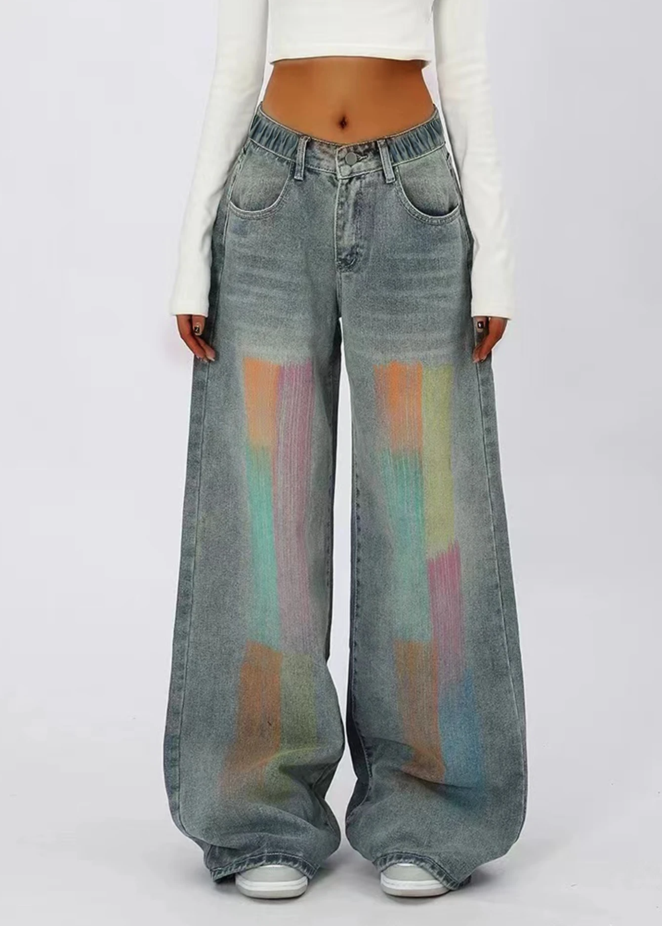 

Teenage Girls Loose Wide Leg Jeans Colorful Washed Graffiti Fashionable Casual Long Trousers for Teens And Preteens