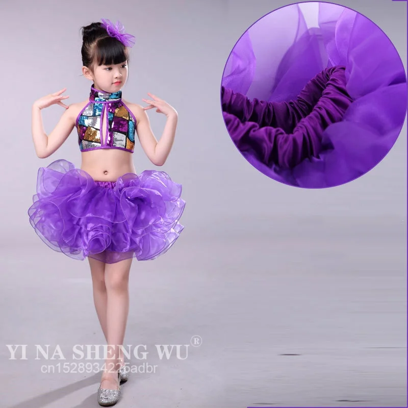 Dziewczęca sukienka do baletu z cekinami, strój do tańca jazzowego dla dzieci, kostiumy taneczne dla dzieci, zestaw kostiumów na występy sceniczne: top + spódnica