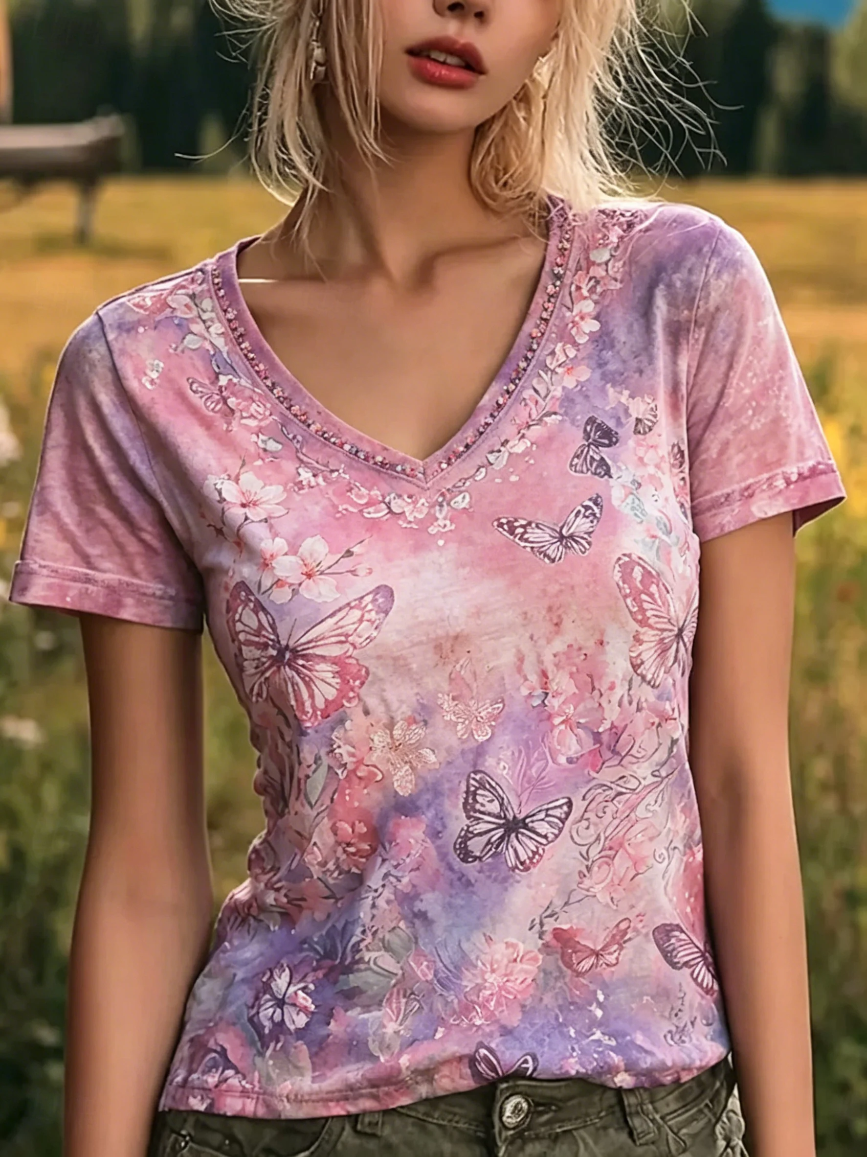 Women's V-Neck Sunflower & Bee Print Tie-Dye Short Sleeve T-Shirt, Casual Tops for Spring & Summer