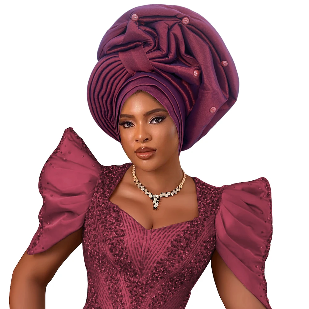 Gorros africanos para mujer, turbante de seda cruda para mujer, gorro para la cabeza para fiesta de boda de Nigeria, lazos para la cabeza listos para usar