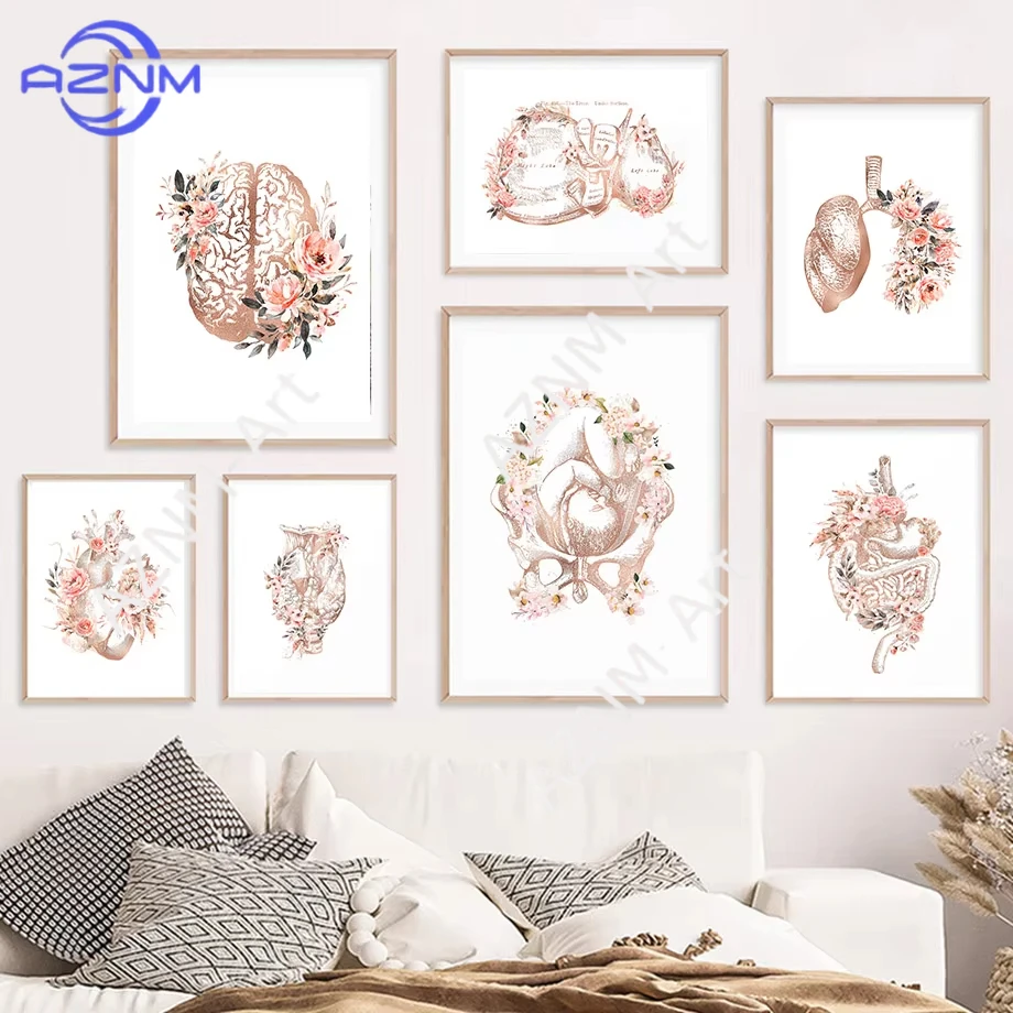 1 Stück, Blumenanatomie, Organe, Schädel, Herz, Gehirn, Magen, nordische Poster, Wandkunst, Druck, Malerei, Medizin, Bilder, Arztzimmer-Dekoration