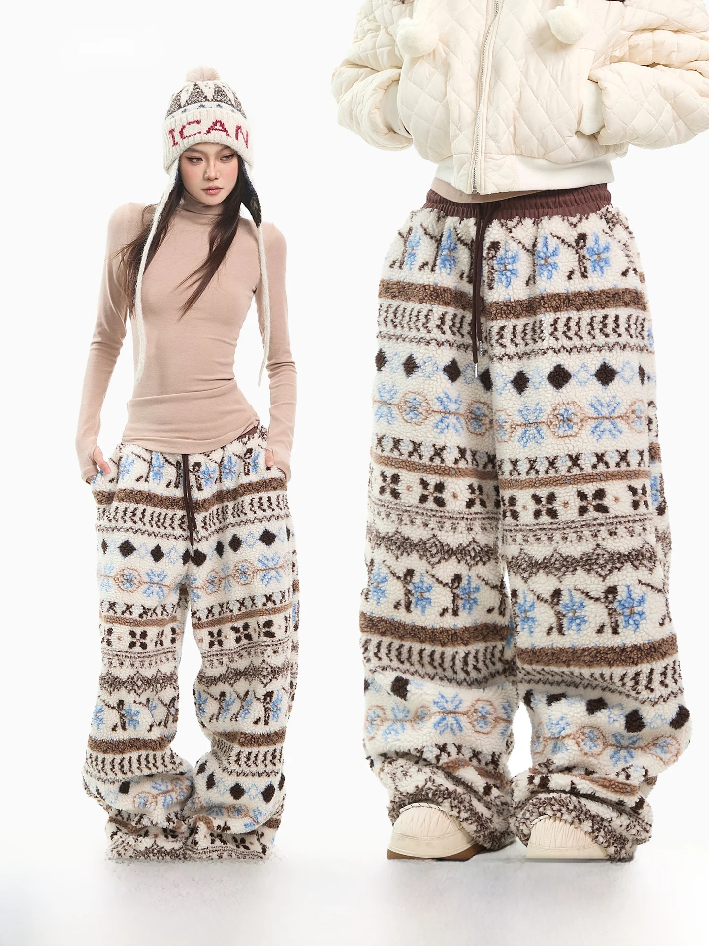 

Женские утепленные брюки из овечьего вельвета CCUP SPACE, широкие, зимние, повседневные, свободные, удобные, длинные, с геометрическим узором, натуральные.