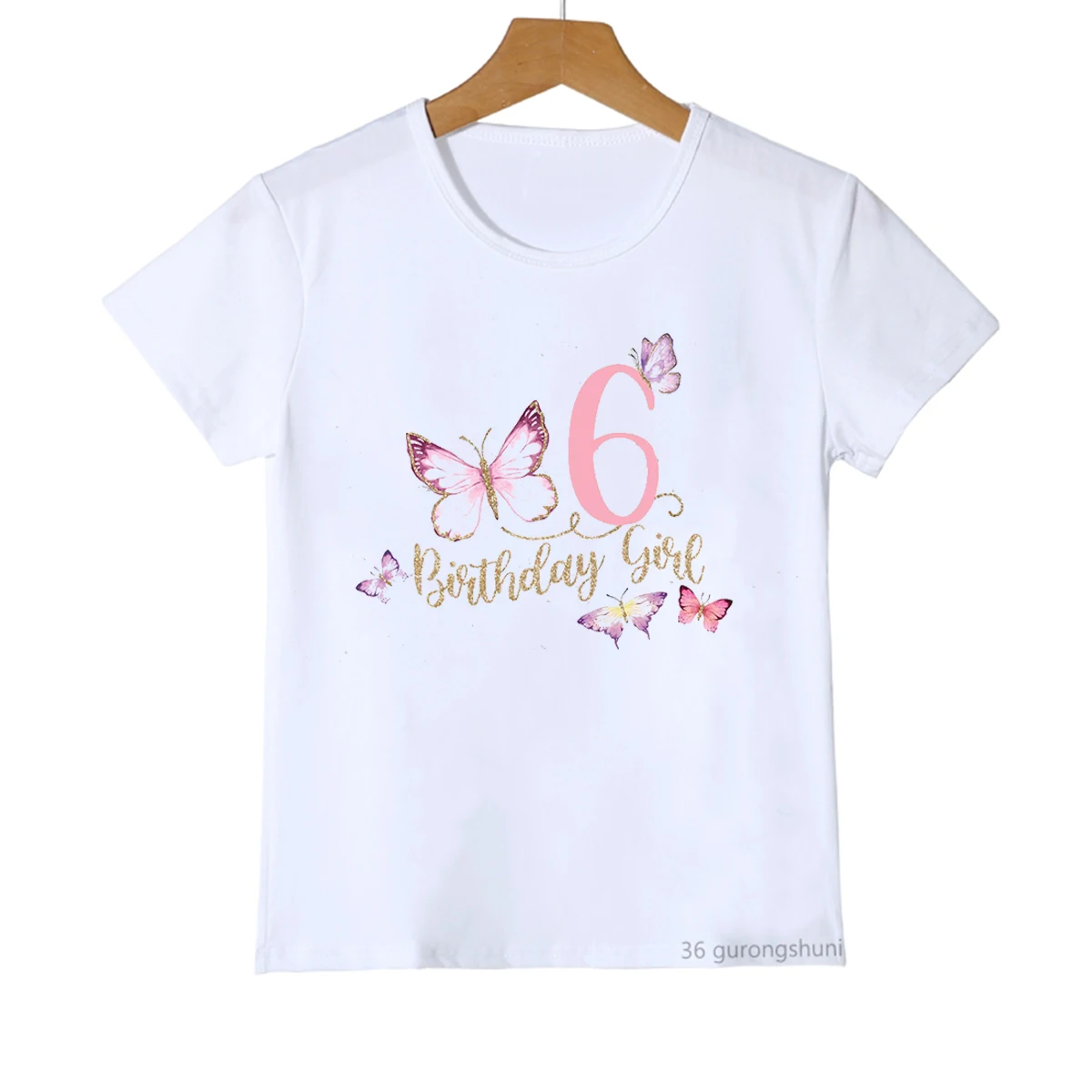 Camiseta com Borboleta Kawaii para Meninas, Números Engraçados, Roupas de Festa de Aniversário, Roupas Infantis Bonitas, 1 a 10 Anos