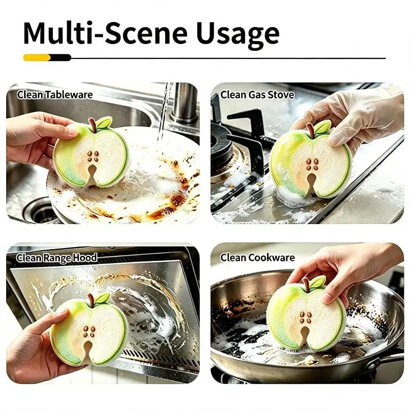 New Cute Fruit Shaped Wood Pulp Dish Sponges Rich Lather Non Stick Oil Perfect For Kitchen Dishwashing Home Cleaning