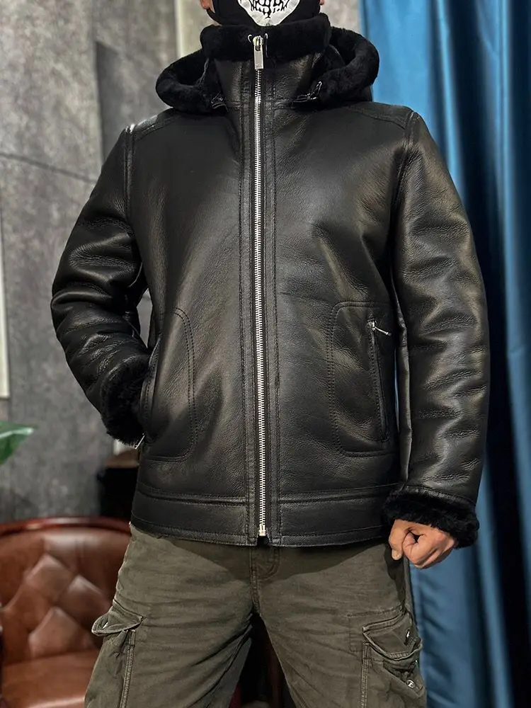 Men's Winter Warm Coat Genuine Leather 100% Real Natural Sheepskin Lambskin Shearling Jacket Hooded Thick Wool Grey Black 8XL