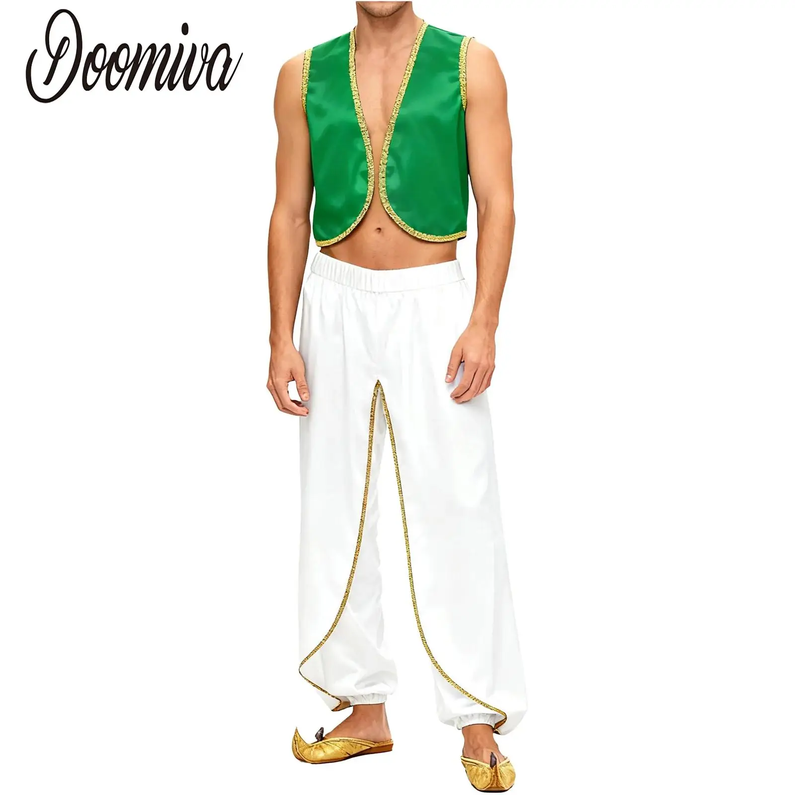 

Men Fantasy Myth Prince Aladins Costumes Sleeveless Satin Vest And Baggy Pants Stage Outfits for Halloween Cosplay Themed Party