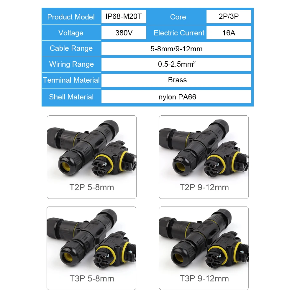 IP68 M20 3 Way Waterproof Connector 2/3Pin Screw crimp terminal Junction Box For Outdoor garden LED Lighting Wire Connectors