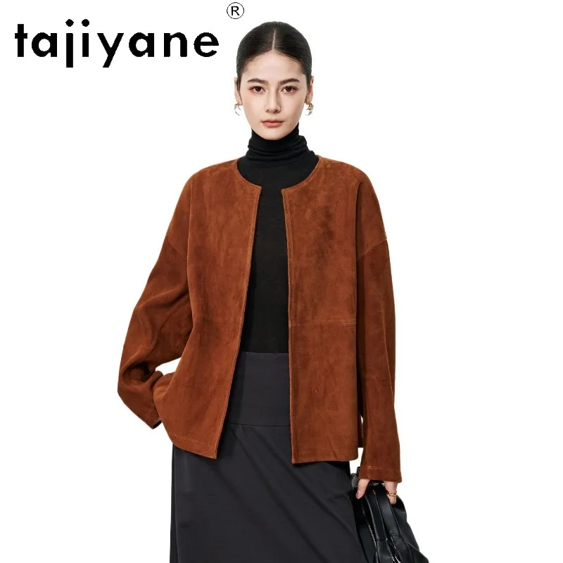 TAJIYANE Short Goatskin Suede Genuine Leather Jacket Woman Loose Leather Coat Round Neck Jackets for Woman Office Lady Outerwear