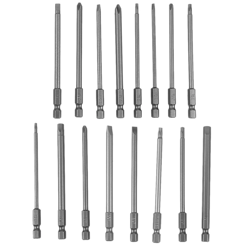 16Pcs Long Magnetic Screwdriver Bits Set Slotted+Cross+Hex+Torx Drill Bit Set 1/4 Inch Hex Shank 100Mm Length