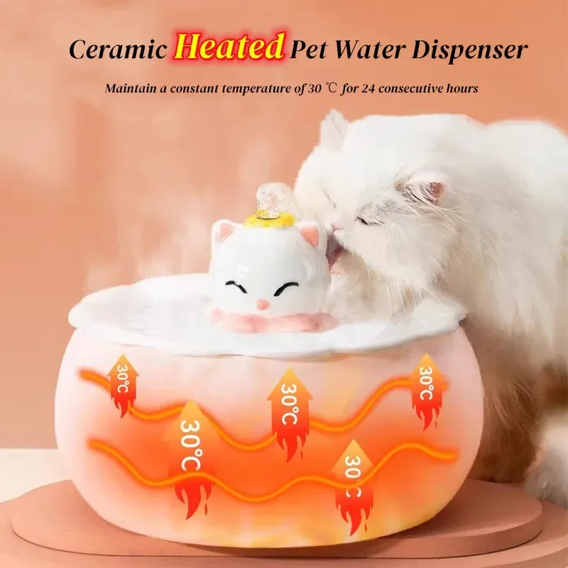 Drinker For Cat Pet Fountain Ceramic Winter Warm,Smart Auto Pet Water Dispenser 30℃ Heated,Cat Drinking Bowls Kitten Water Bowls