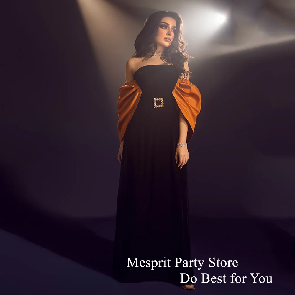 

Mesprit Cheap Evening Dress Strapless Off The Shoulder Floor Length A Line Black Prom Gown Arab Formal Party Dresses for Wedding