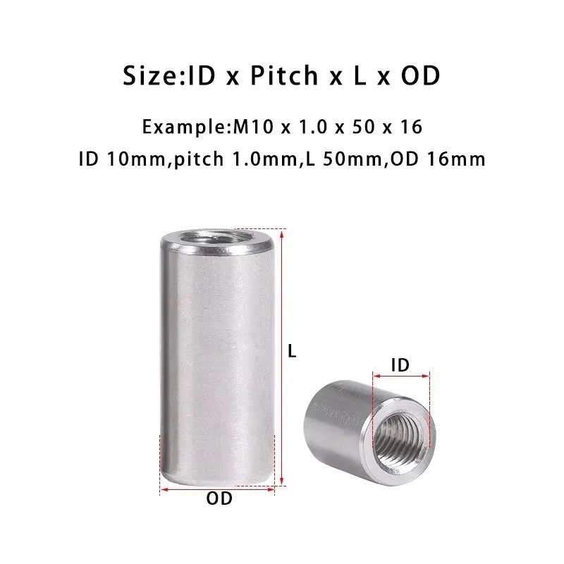 Round Extension Nut 304 Stainless Steel Fine Thread Long Coupling Nut M8 M10 Threaded Rod Connector Fastener 1/2/3/5Pcs