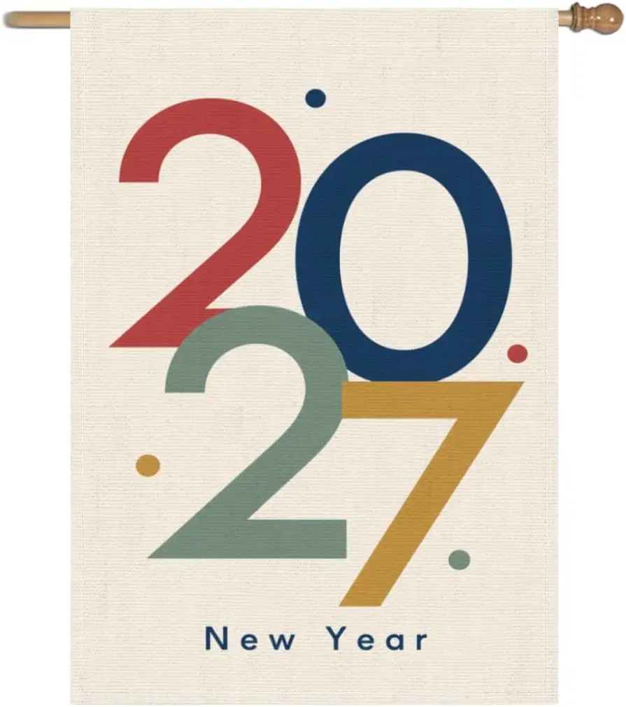Ice Ink Modern New Year 12x18 Inch Garden Flag Linen 2027 Numerals Red Blue Gold Dots and Hand Painted Holiday Double Sided  yyi