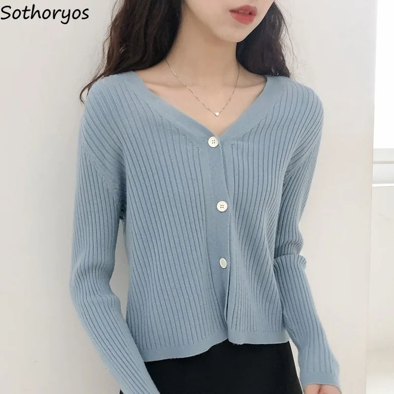 

Women Cardigan Sweater Solid V-Neck Knitted Single Breasted Females Leisure Chic Sweet Elegant Trendy Simple Design Outwear Soft