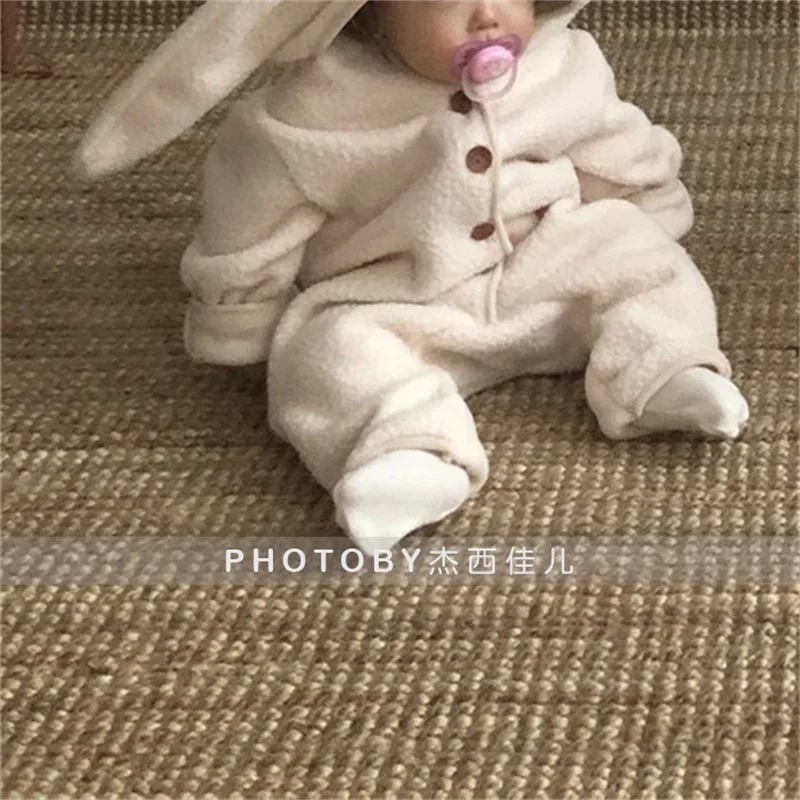 Winter Baby Rompers Newborn Rabbit Ear Hooded Boy Girl Romper Clothes Lamb Fur Fleece Warm Infant Toddler Jumpsuit Boys Playsuit