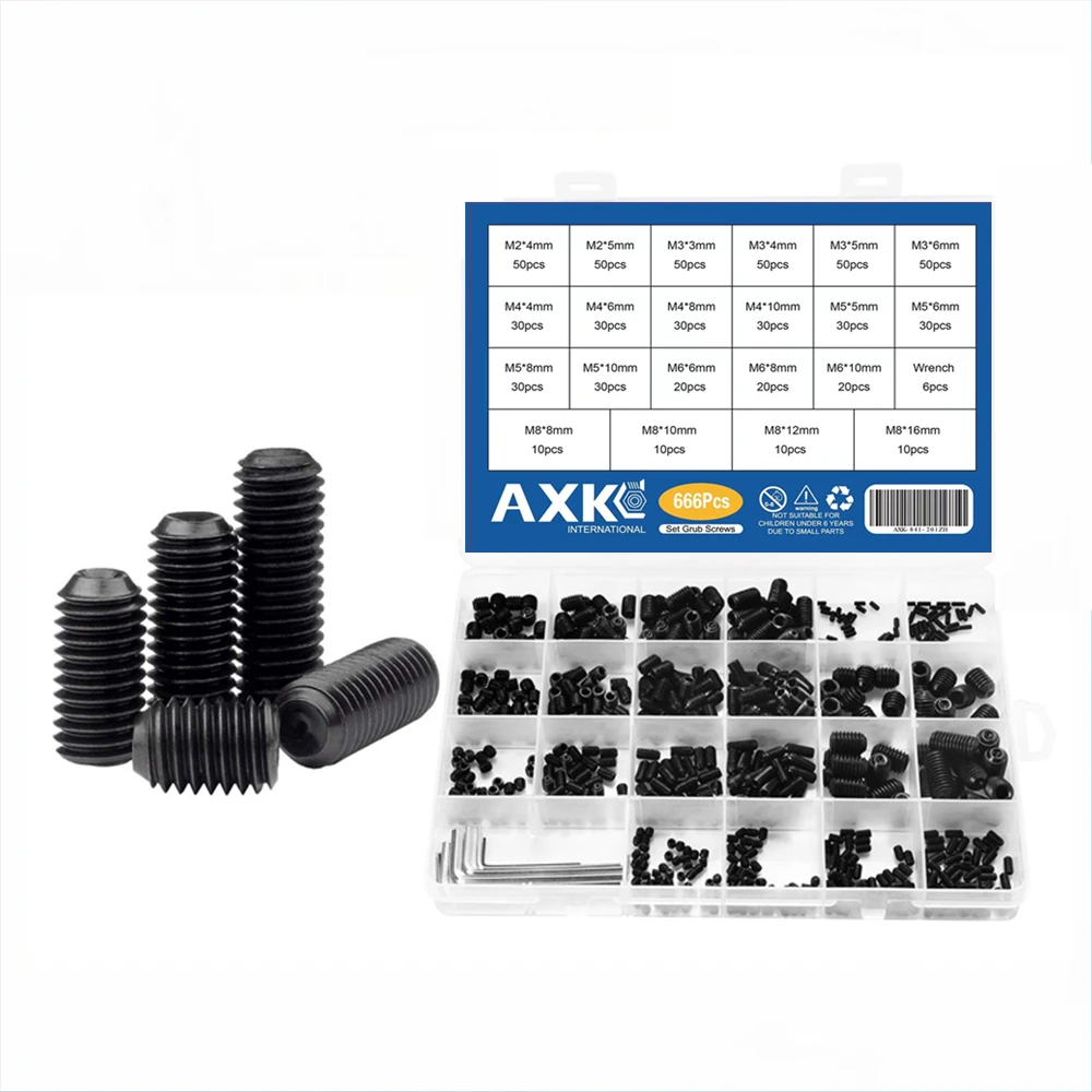 

666pcs Set Screw Cup Point Grub Screw M2 M3 M4 M5 M6 M8 Hex Socket Set Screws Hexagon Headless Set Screw Grade 12.9 Carbon Steel